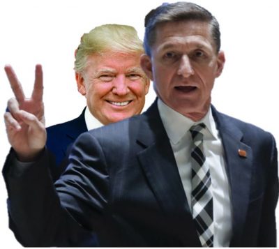 Donald Trump standing behind Michael Flynn making a victory sign